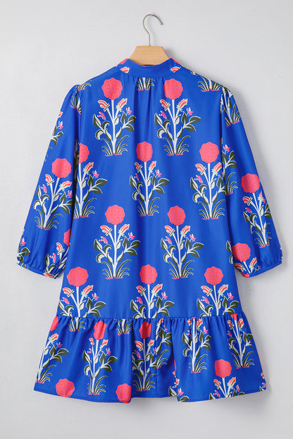 Floral 3/4 Puff Sleeve Ruffle Hem Dress