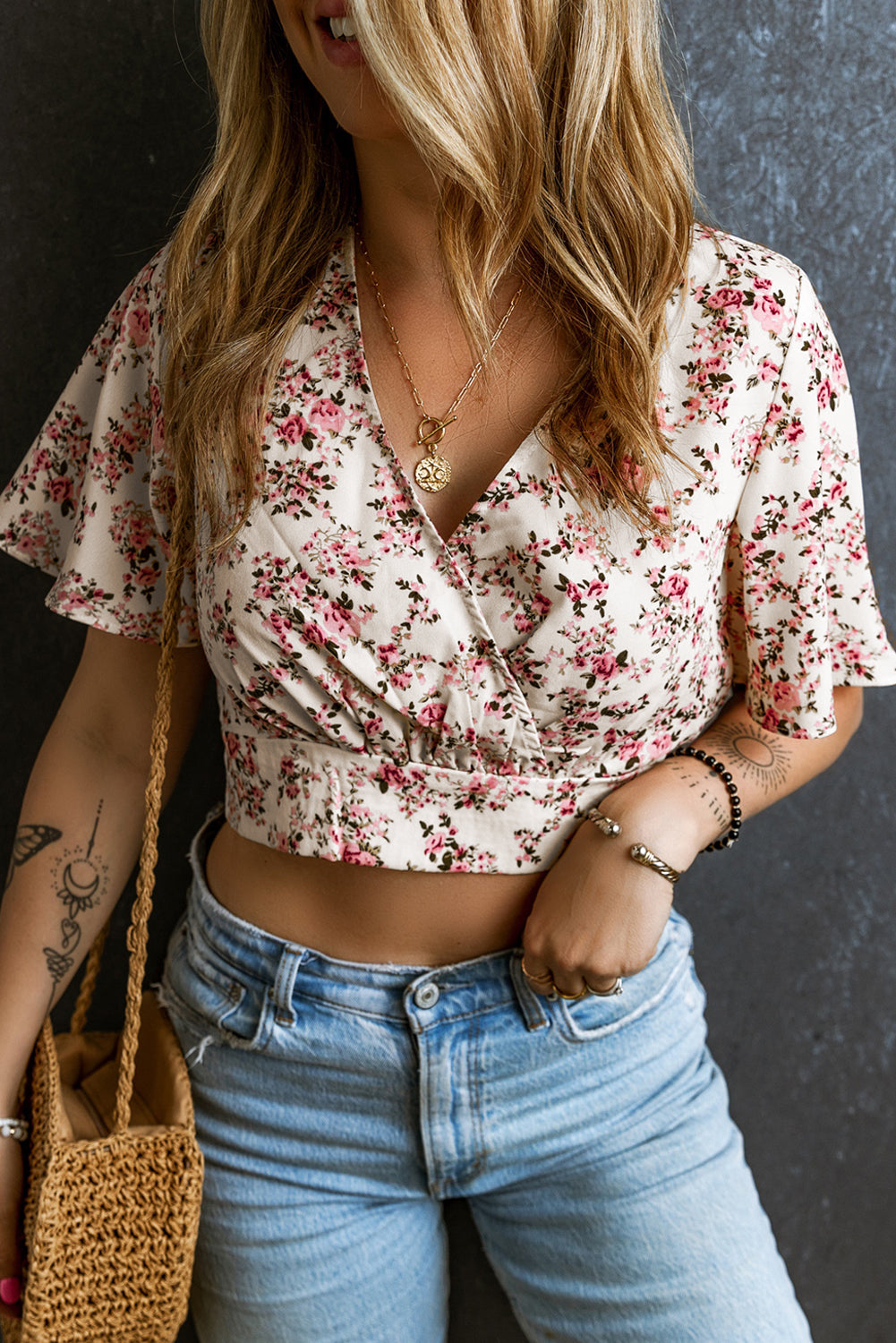 Floral Wrap V-Neck Crop Blouse