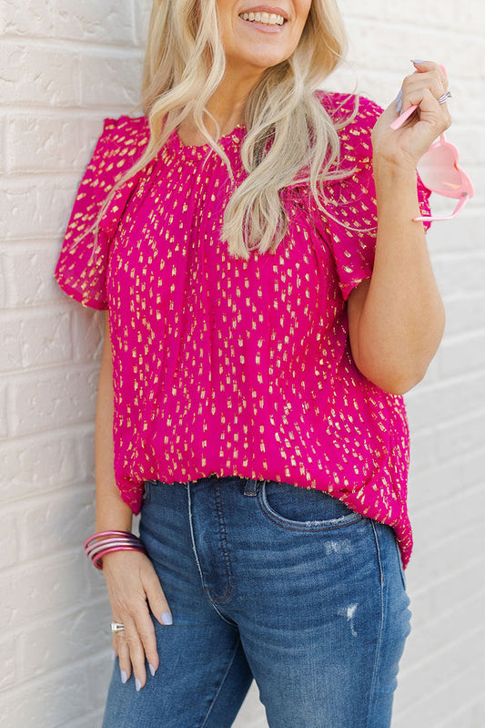 Metallic Dotted Ruffle Short Sleeve Top