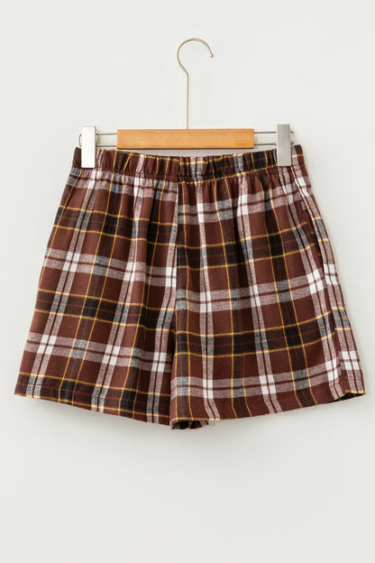 Plaid Button Front Elastic Waist Shorts