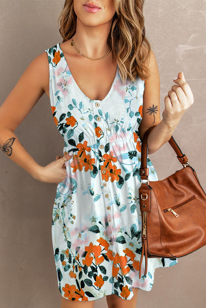 Floral Sleeveless Button Up Waist Mini Dress