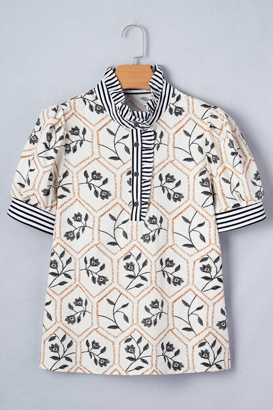 Floral Stripe Patchwork Ruffle Buttoned Short Sleeve Blouse