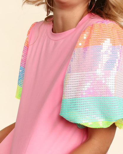 Sequin Colorblock Puff Sleeve Top