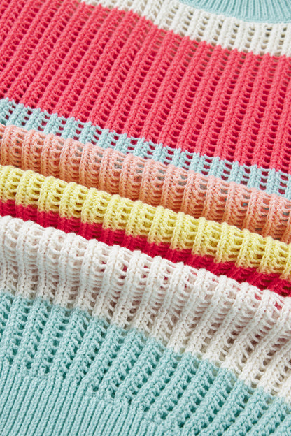 Stripe Colorblock Hollow-Out Short Sleeve Sweater