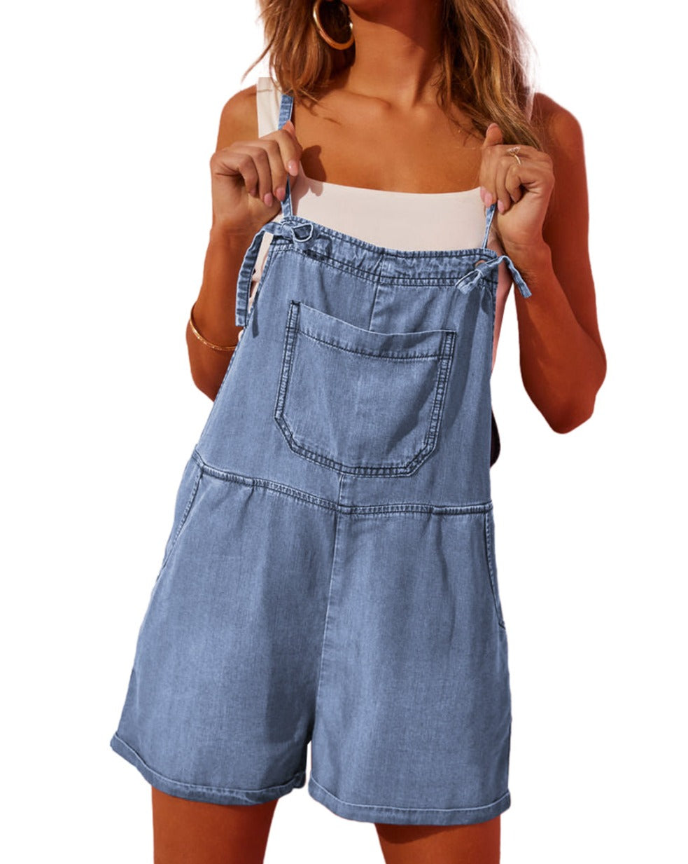 Denim Tie Straps Pocketed Romper