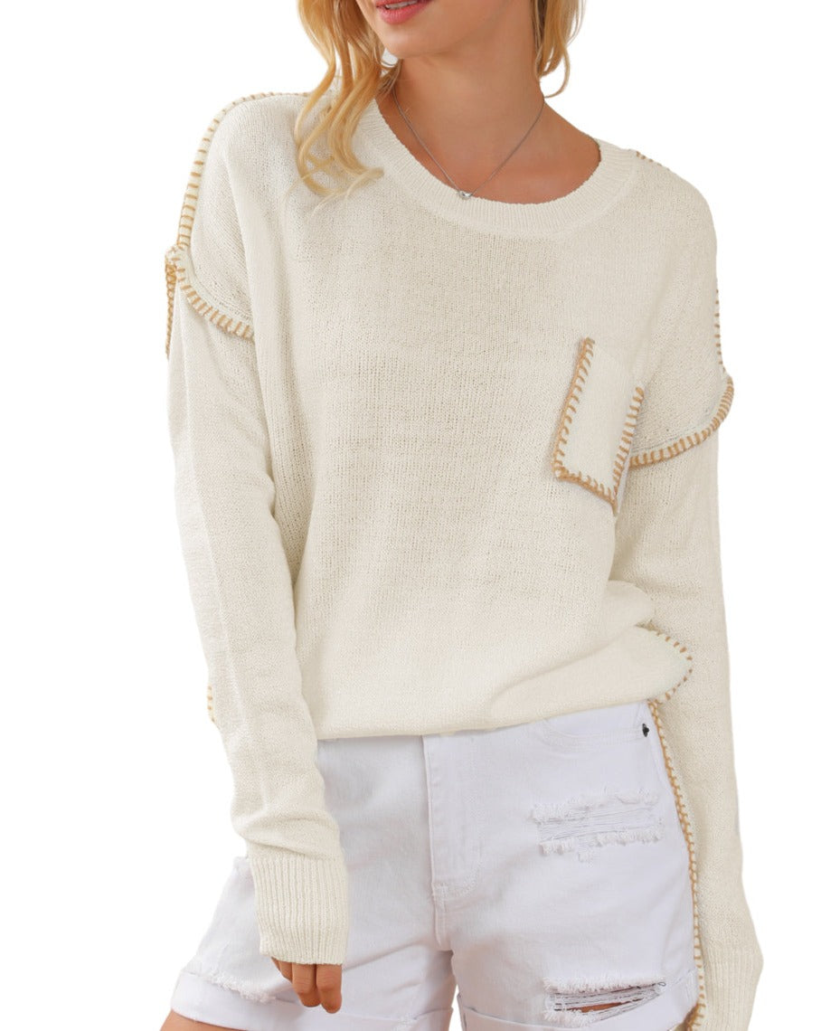 Contrast Exposed Seam Pocketed Sweater