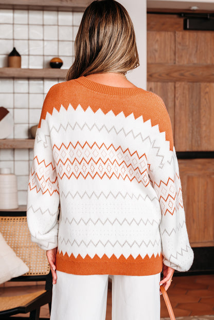 Geometric Zigzag Stripe Crewneck Pullover Sweater