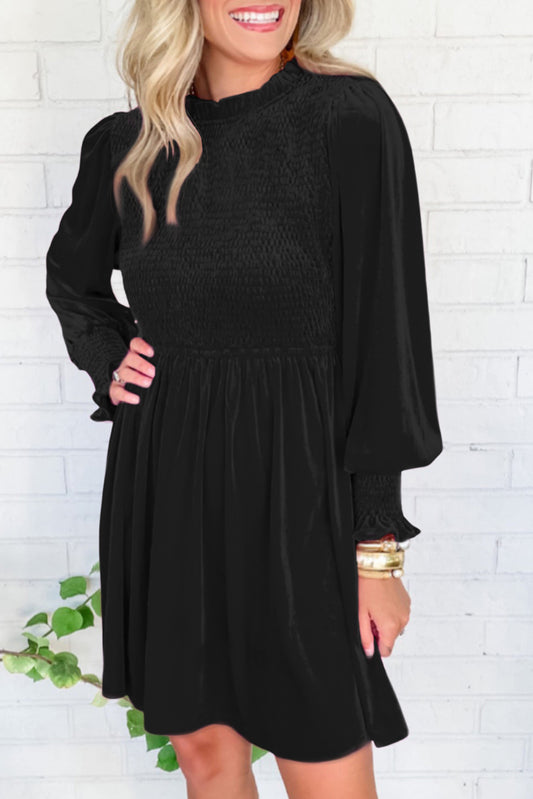 Velvet Smocked Puff Sleeve Dress