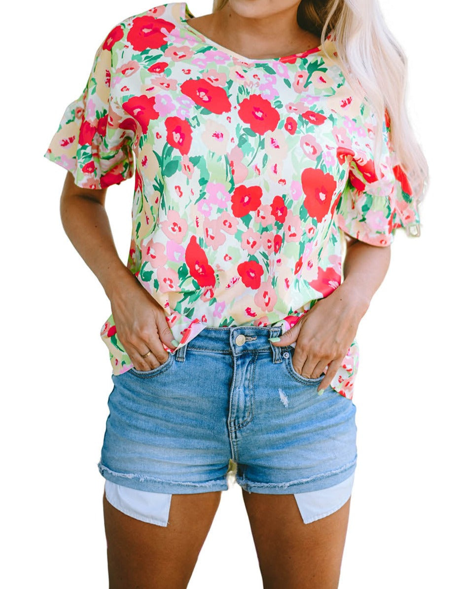 Floral Short Sleeve V Neck Top