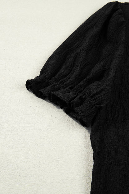 Solid Textured Notch Neck Puff Sleeve Blouse