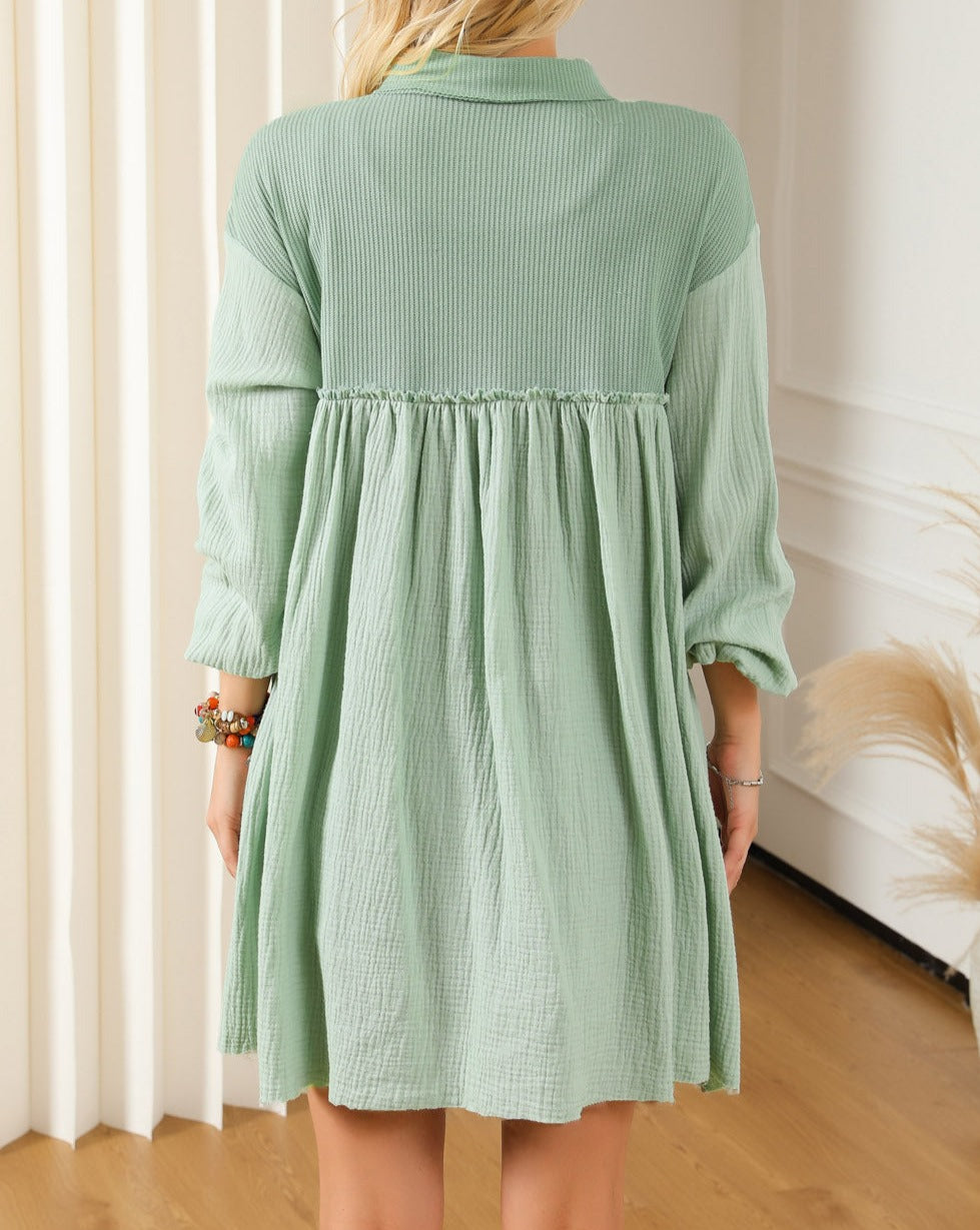 Gauze Puff Sleeve Shirt Dress