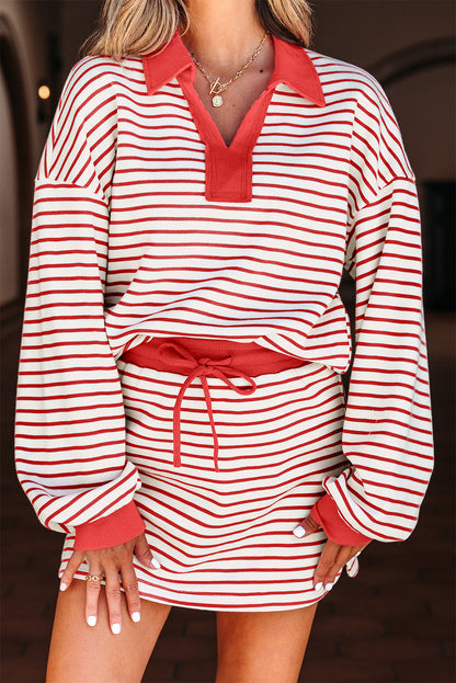 Stripe Collared V-Neck Pullover and Skort Set