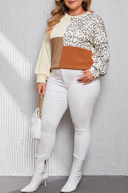 Plus Size Colorblock Leopard Ribbed Top