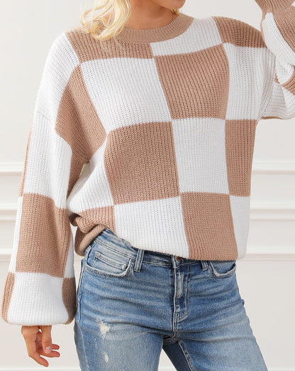 Checker Ribbed Puff Sleeve Sweater