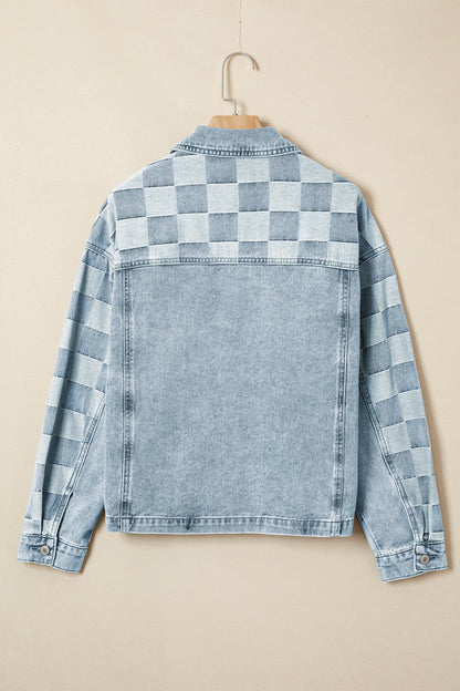 Checker Patchwork Denim Buttoned Jacket