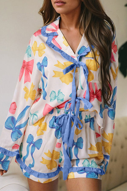 Bow Ruffle Top and Shorts Pajama Set