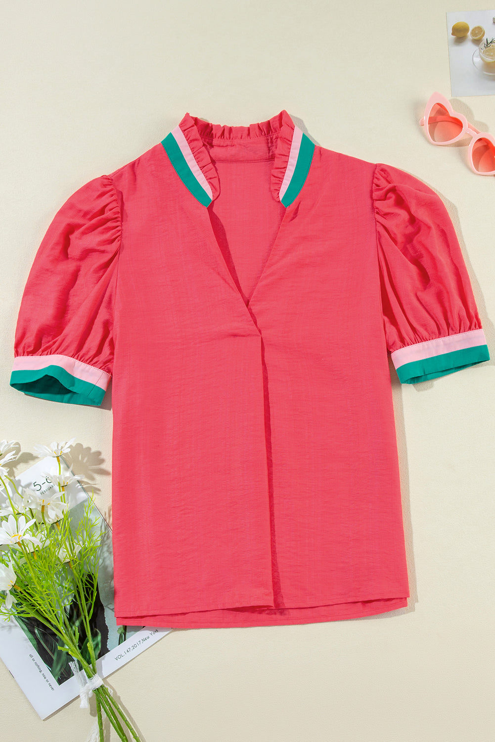 Colorblock Trim Short Sleeve Blouse