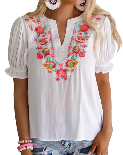 Floral Embroidered Ruffle Blouse