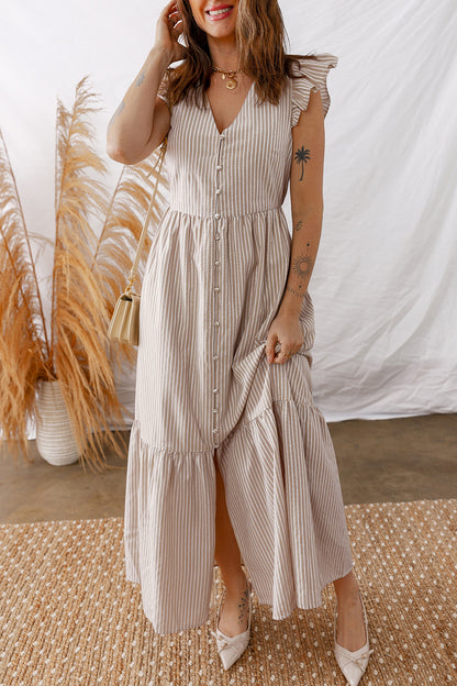 Stripe Flutter Sleeve Buttoned V-Neck Maxi Dress