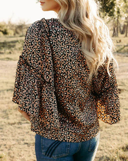 Leopard Ruffle Wide Sleeve Blouse