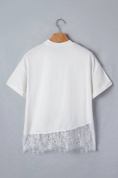 Solid Asymmetric Lace Hem Patchwork T-Shirt