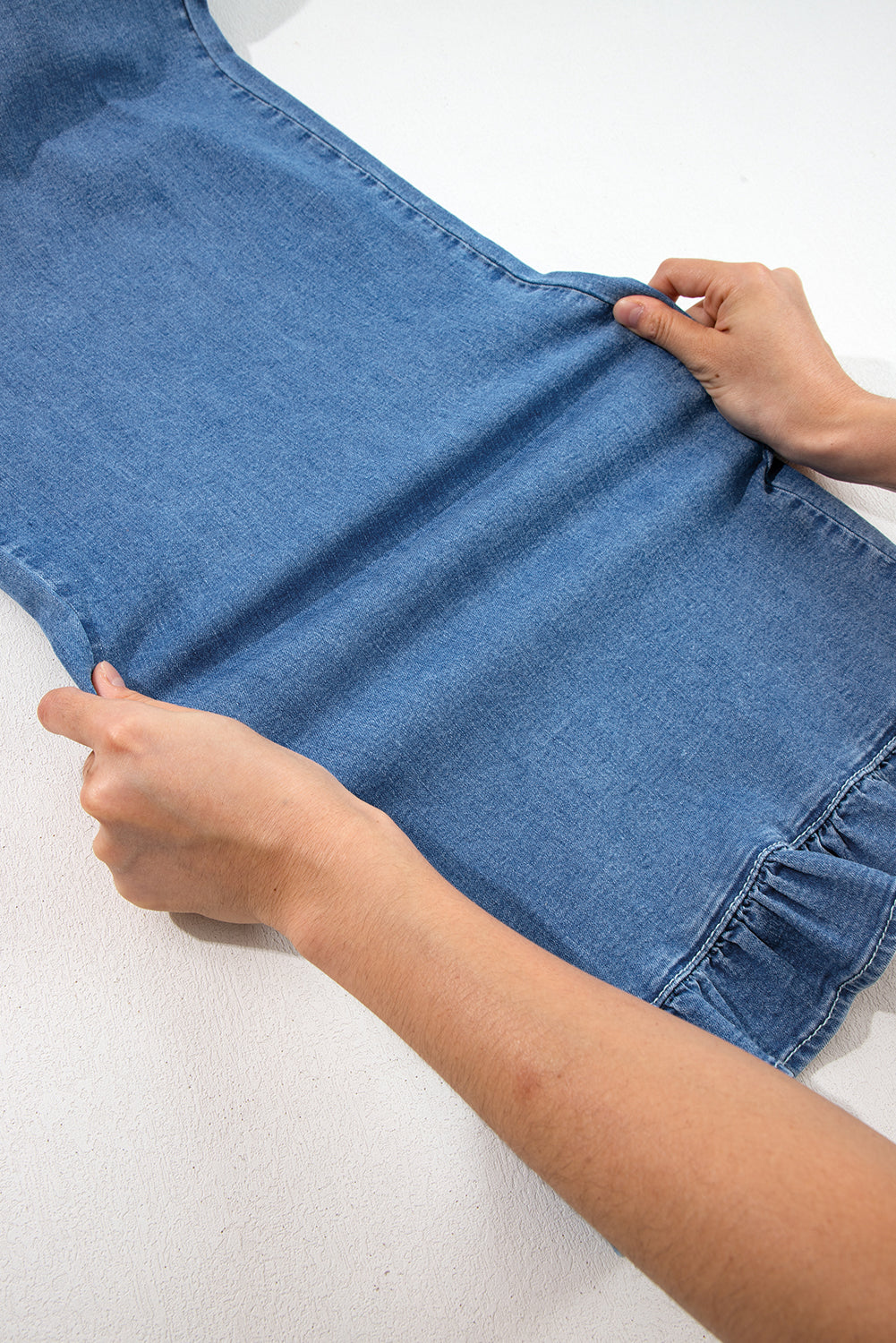 Plus Size Denim Elastic Waist Ruffle Wide Leg Pants