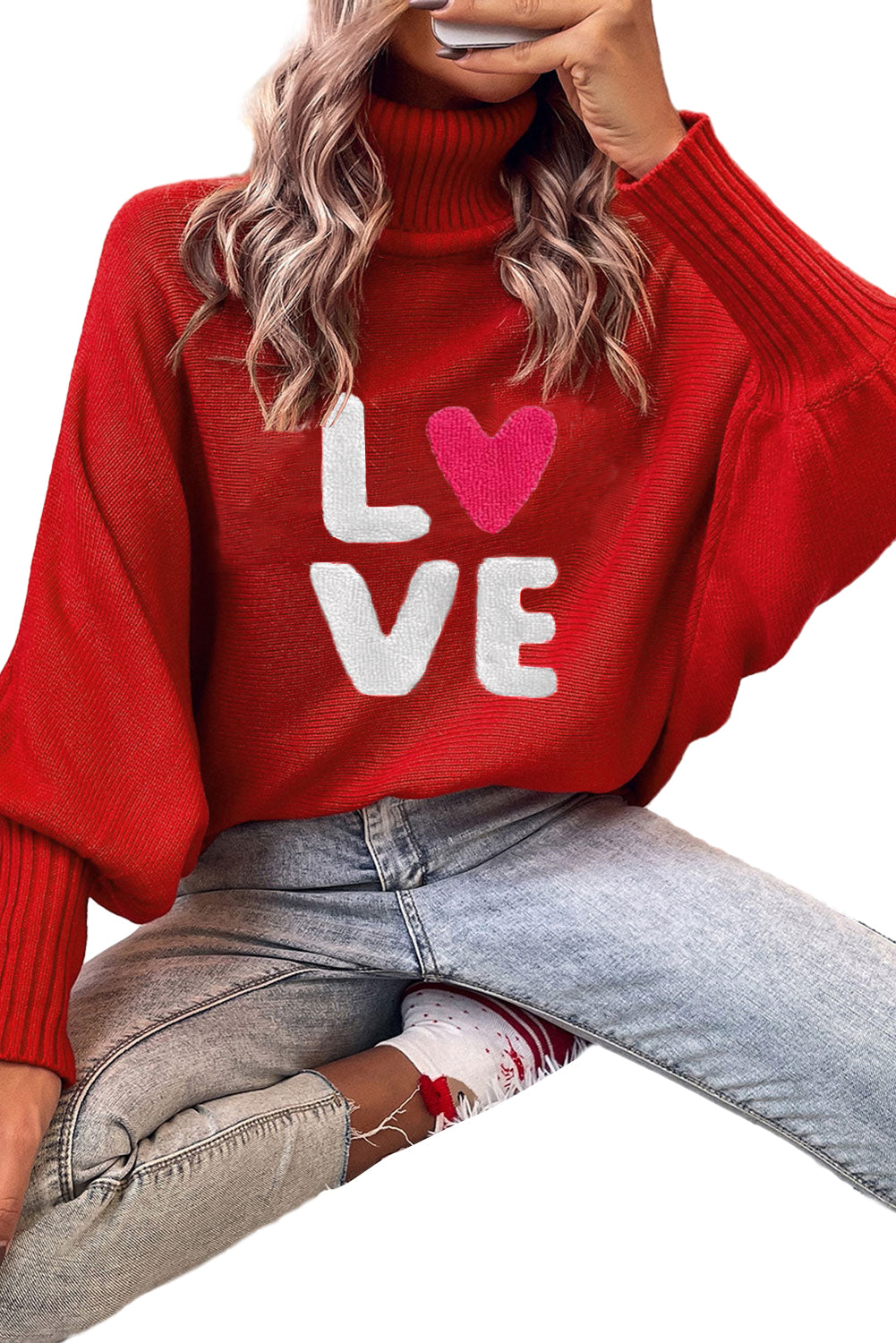 Love Embroidered Turtleneck Sweater