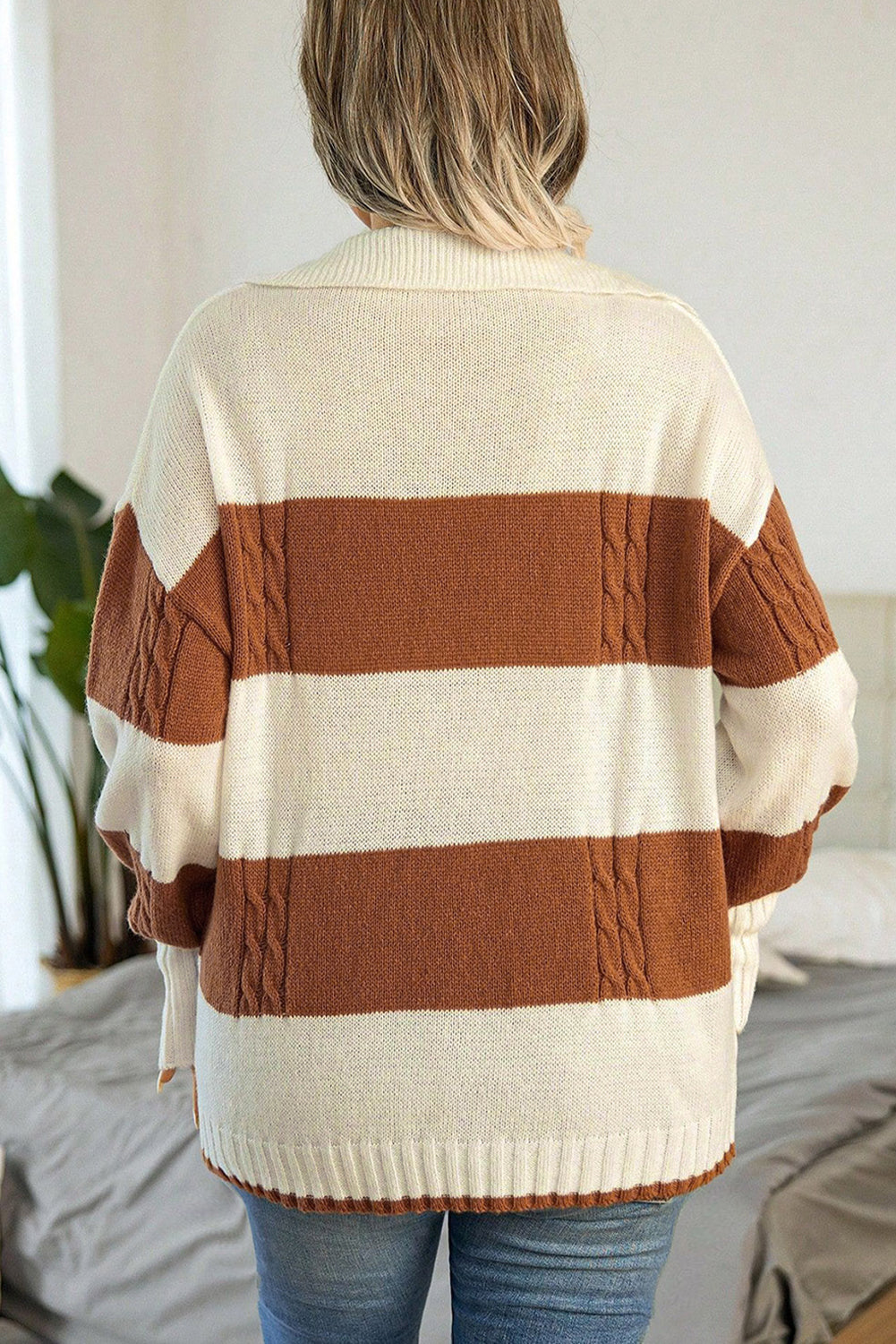 Stripe Cable Knit Collared Sweater