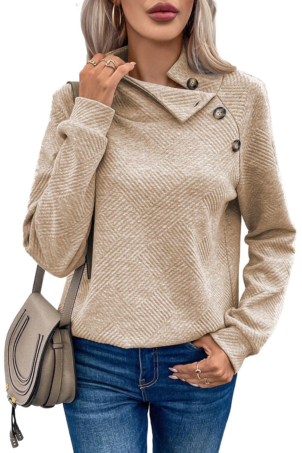 Geometric Textured Buttoned Collar Sweatshirt