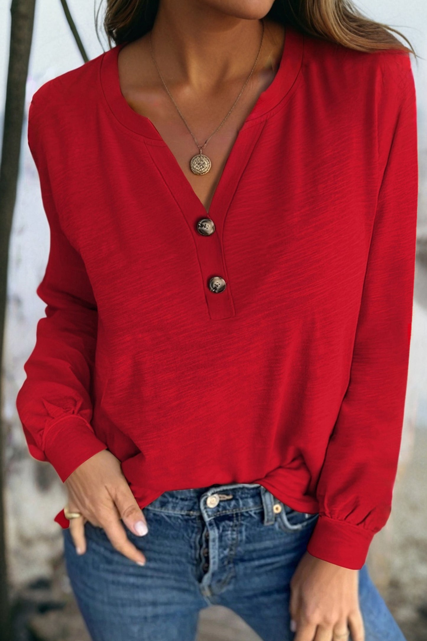 Solid V-Neck Button Long Sleeve Top