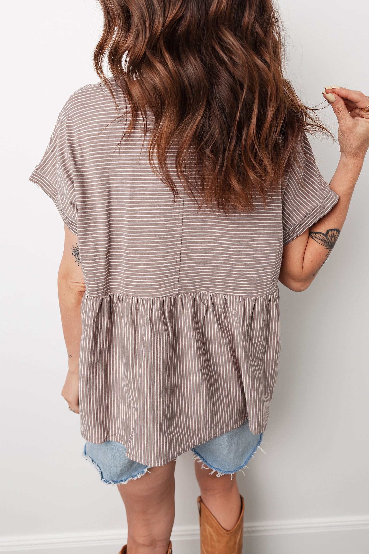 Stripe Buttoned V-Neck Short Sleeve T-Shirt