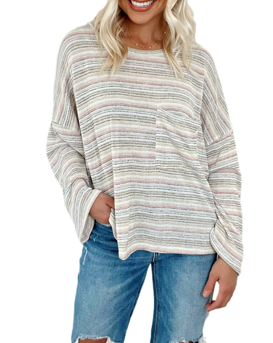 Stripe Long Sleeve Pocketed Top