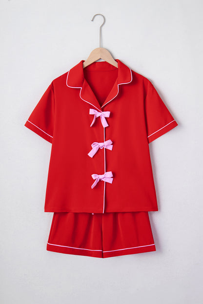 Ribbon Bow Top & Short Silky Pajama Set