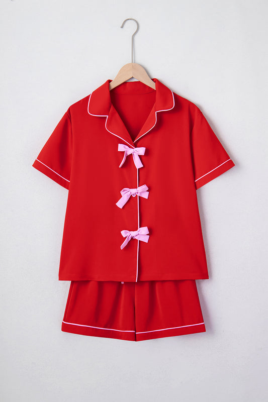 Ribbon Bow Top & Short Silky Pajama Set