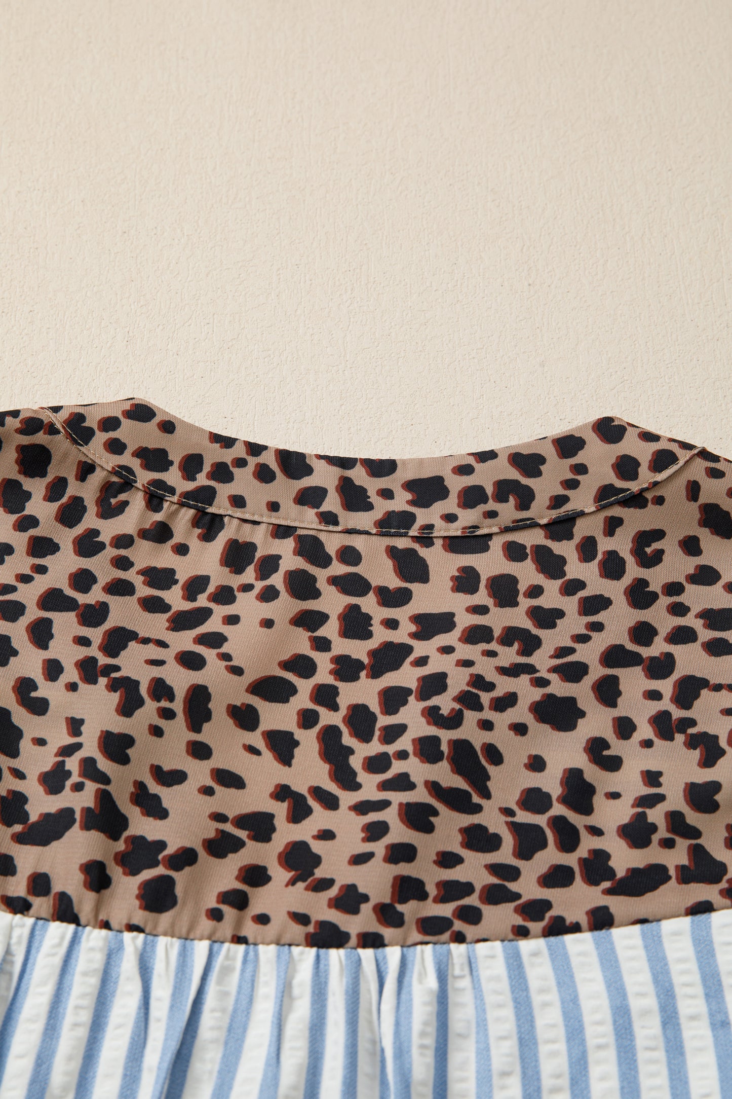 Stripe Leopard Trim V-Neck Buttoned Short Sleeve Shirt