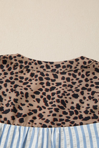 Stripe Leopard Trim V-Neck Buttoned Short Sleeve Shirt