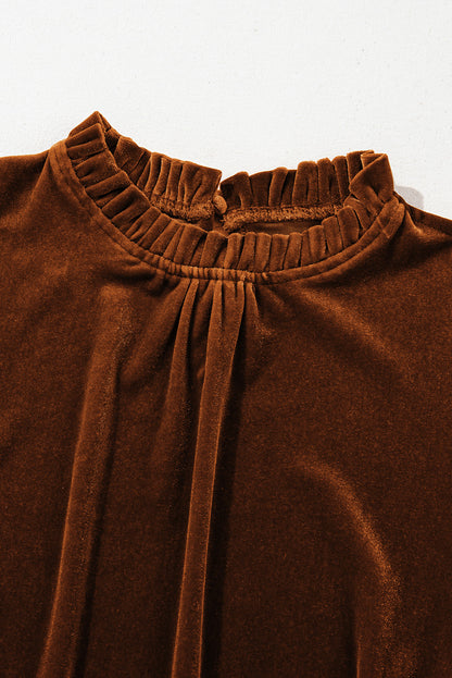Velvet Frilled Neck Puff Sleeve Top
