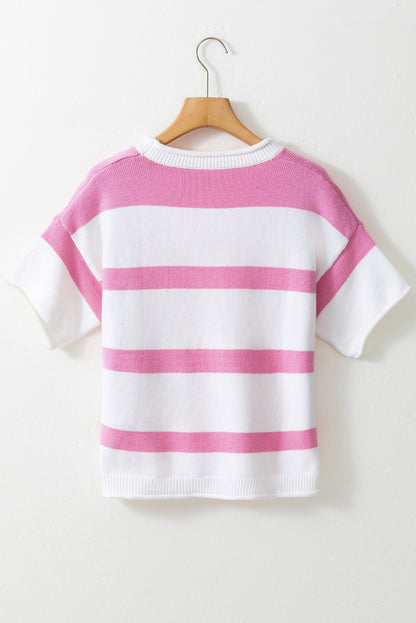 Stripe Knit Dropped Short Sleeve Sweater