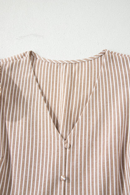 Stripe Flutter Sleeve Buttoned V-Neck Maxi Dress