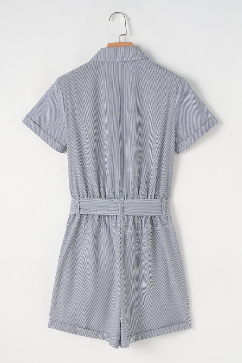 Stripe Chest Pockets Buttoned Collar Belted Romper