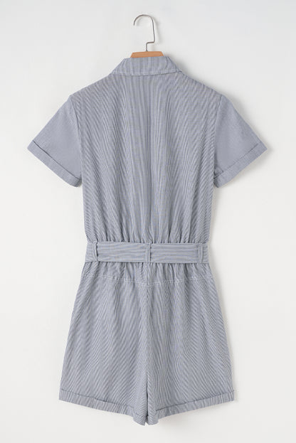 Stripe Chest Pockets Buttoned Collar Belted Romper