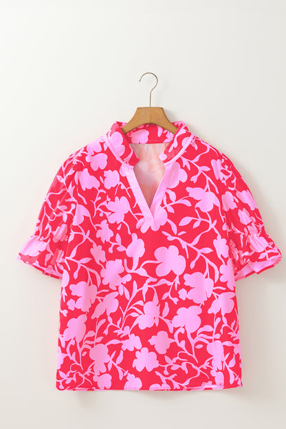 Floral Split V-Neck Ruffle Sleeve Blouse Top