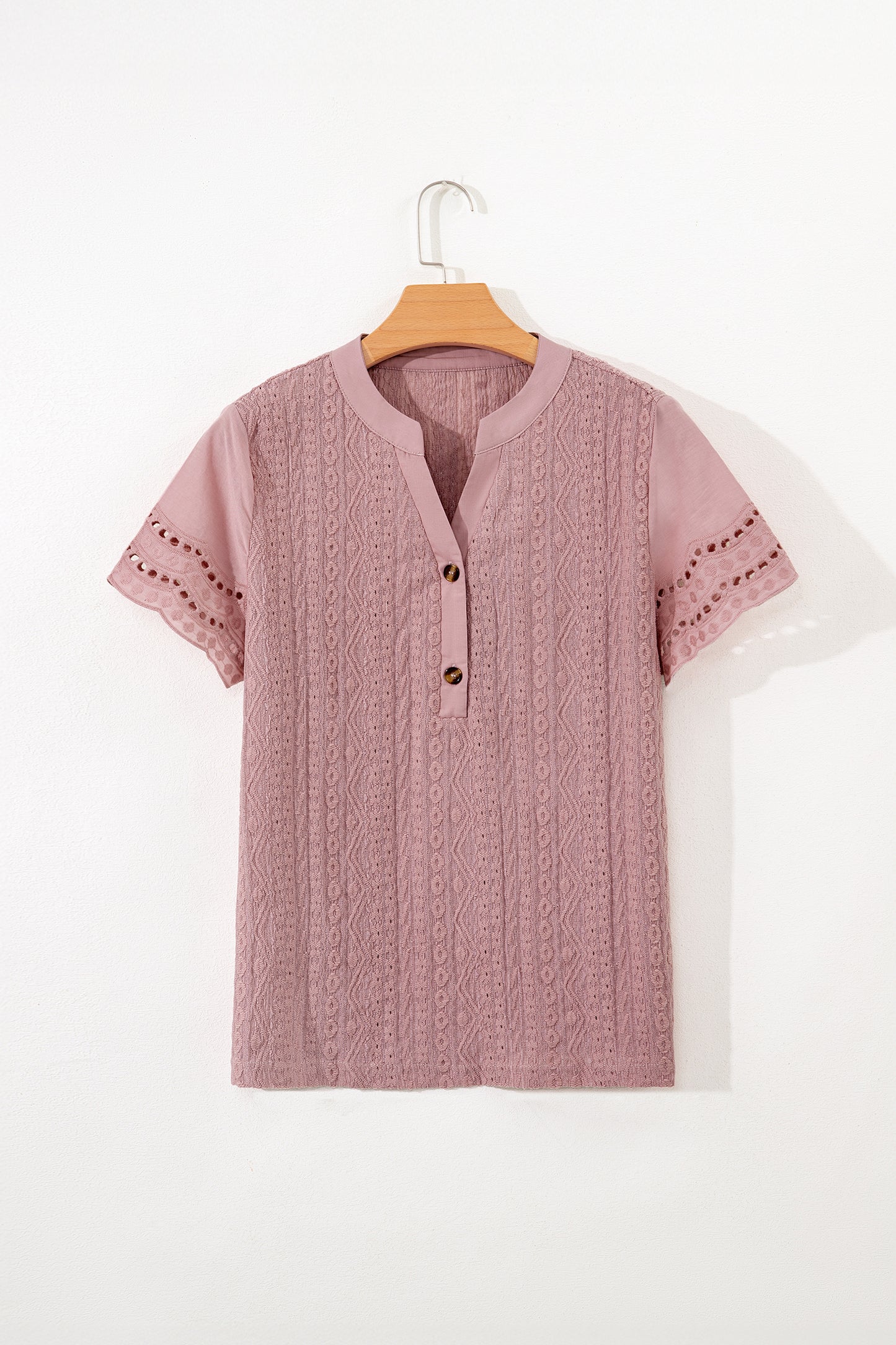 Eyelet Textured Half-Button Short Sleeve Blouse