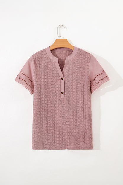 Eyelet Textured Half-Button Short Sleeve Blouse