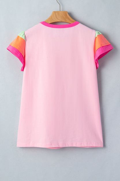 Colorblock Flutter Sleeve Round Neck T-Shirt