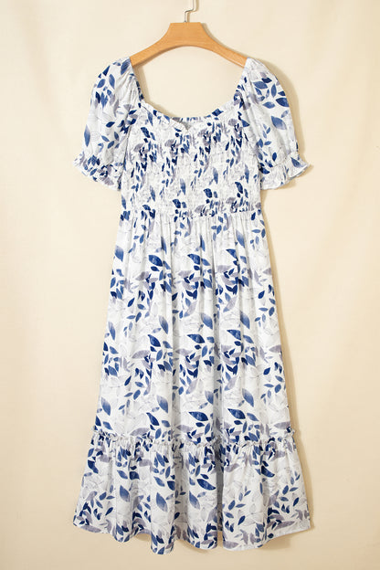 Floral Smocked Puff Sleeve Tiered Midi Dress