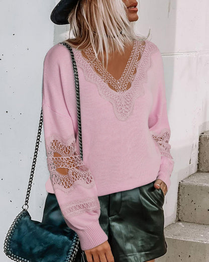 Hollowed Lace V-Neck Sweater