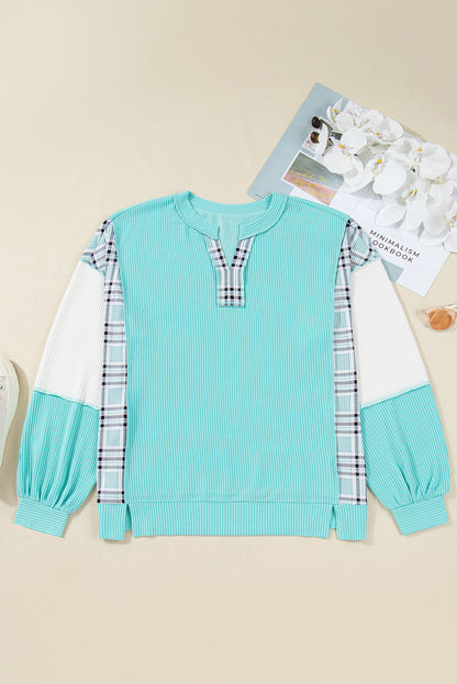Plus Size Plaid Patchwork Corded Knit Long Sleeve Top