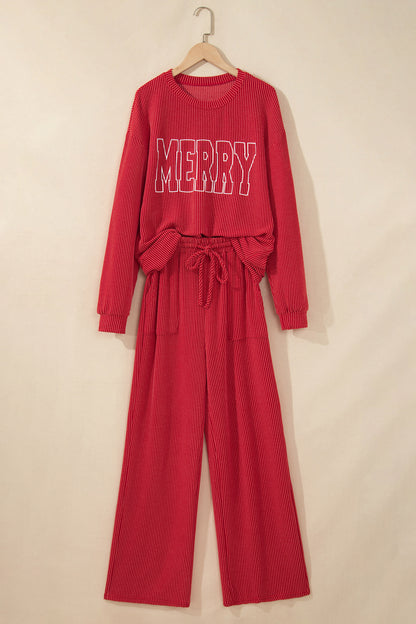 Christmas Letter Print Corded Knit Top & Pants Set