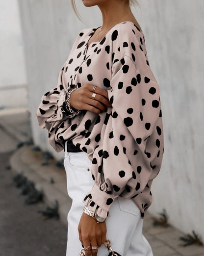 Dotted Puff Sleeve Buttoned Blouse